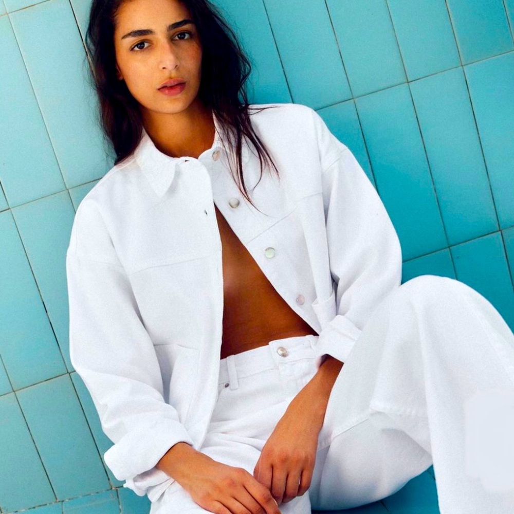 Zara Oversized Front Pocket Denim Jacket, White, Small